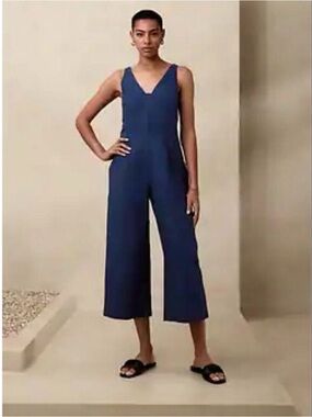 Banana Republic Navy Blue Linen-Blend Jumpsuit